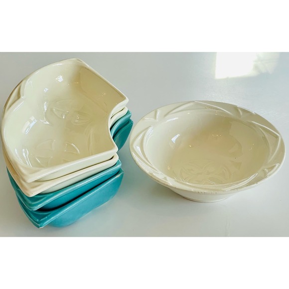 VTG 5 pc Set Maurice California Pottery S-14 Dip Dishes & Bowl USA Teal Cream - Picture 8 of 10